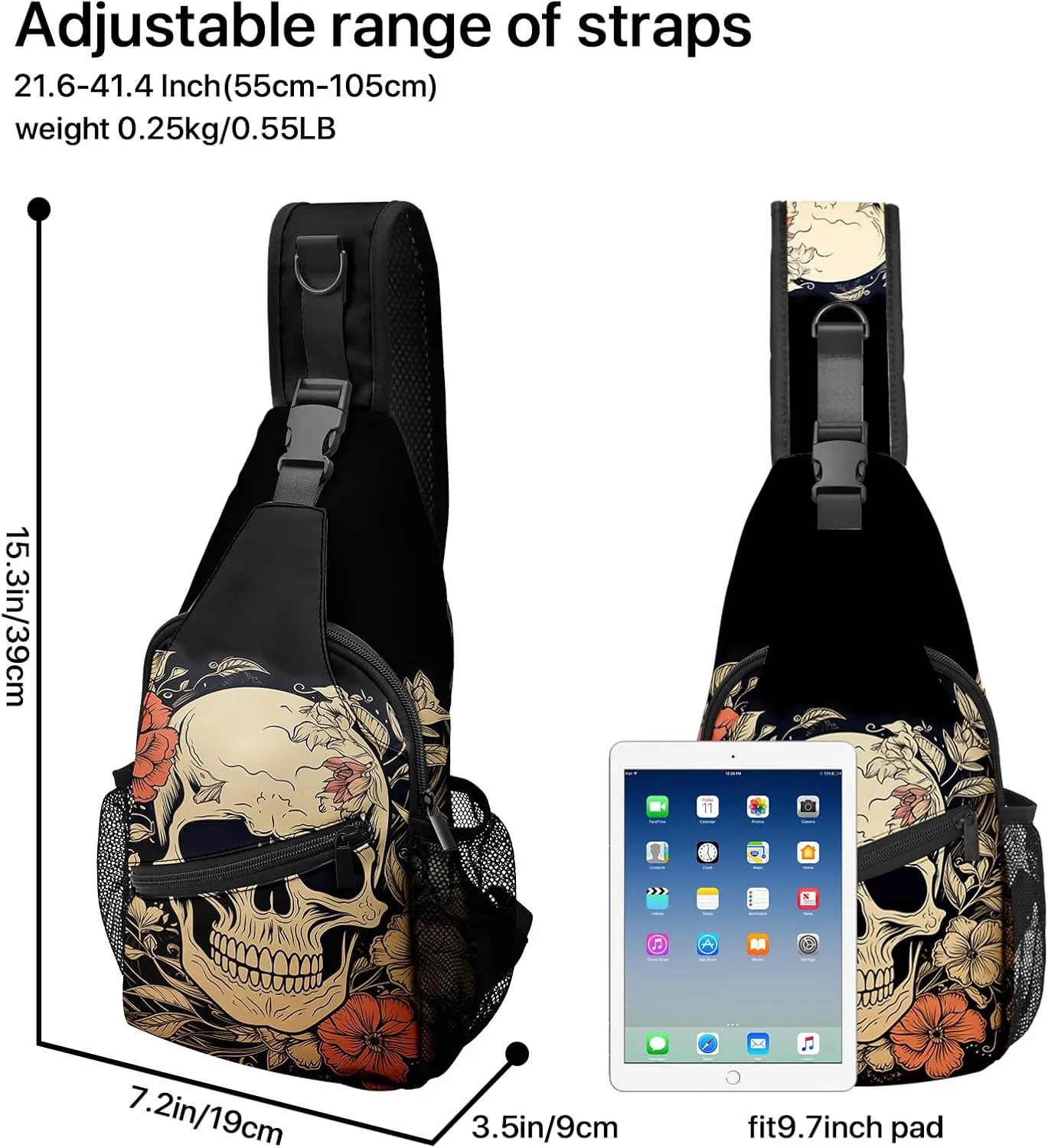 Skull Sling Bag travel Crossbody Backpack Casual Daypack for Women with Strap Lightweight Outdoor Hiking Climbing Runners