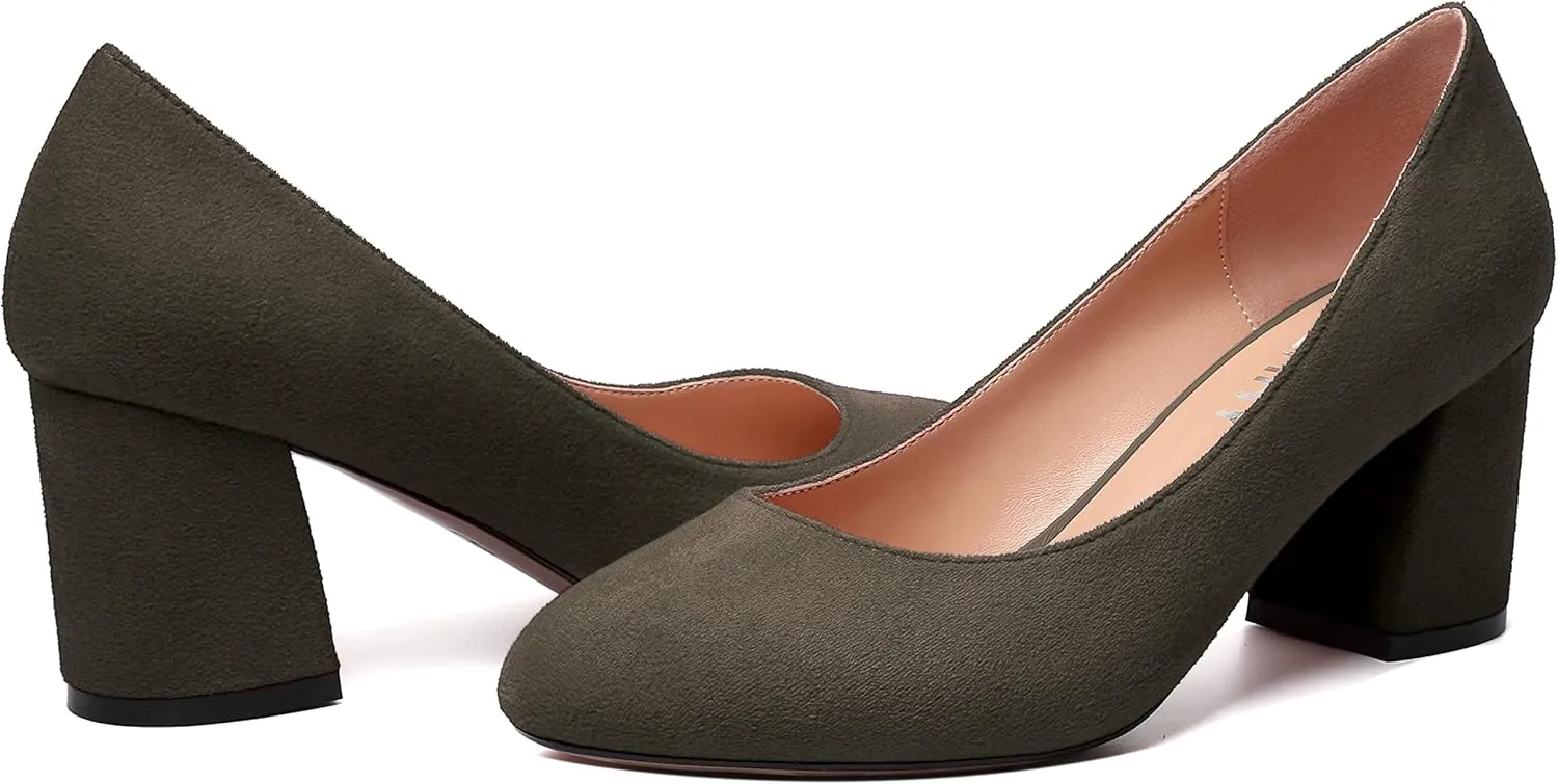 SKYSTERRY Womens Cute Round Toe Slip On Suede Wedding Block Mid Heel Pumps Shoes 2.5 Inch