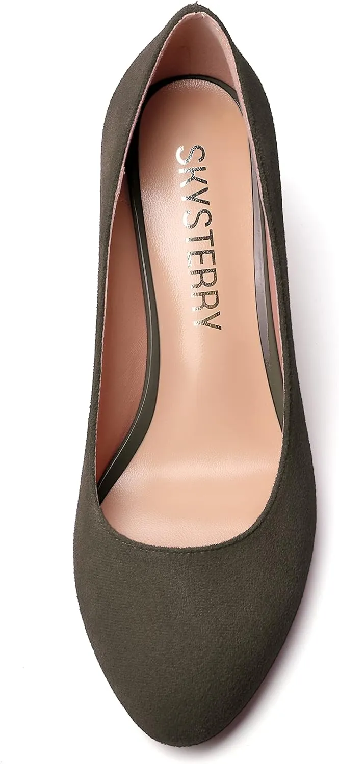 SKYSTERRY Womens Cute Round Toe Slip On Suede Wedding Block Mid Heel Pumps Shoes 2.5 Inch