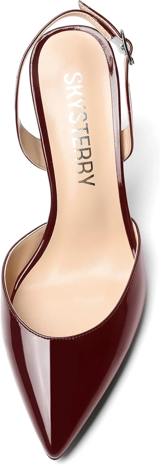 SKYSTERRY Womens Pointed Toe Wedding Sexy Buckle Solid Patent Slingback Spool High Heel Pumps Shoes 3.3 Inch