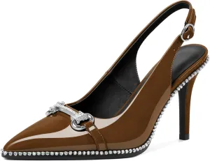 Slingback Heels for Women Stilettos High Heel Crystal-Encrusted Buckled Heels Pointd Toe Pumps 3.5 Inch Comfortable Event Party Dress Shoes