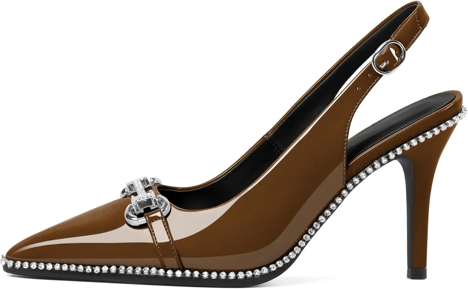 Slingback Heels for Women Stilettos High Heel Crystal-Encrusted Buckled Heels Pointd Toe Pumps 3.5 Inch Comfortable Event Party Dress Shoes