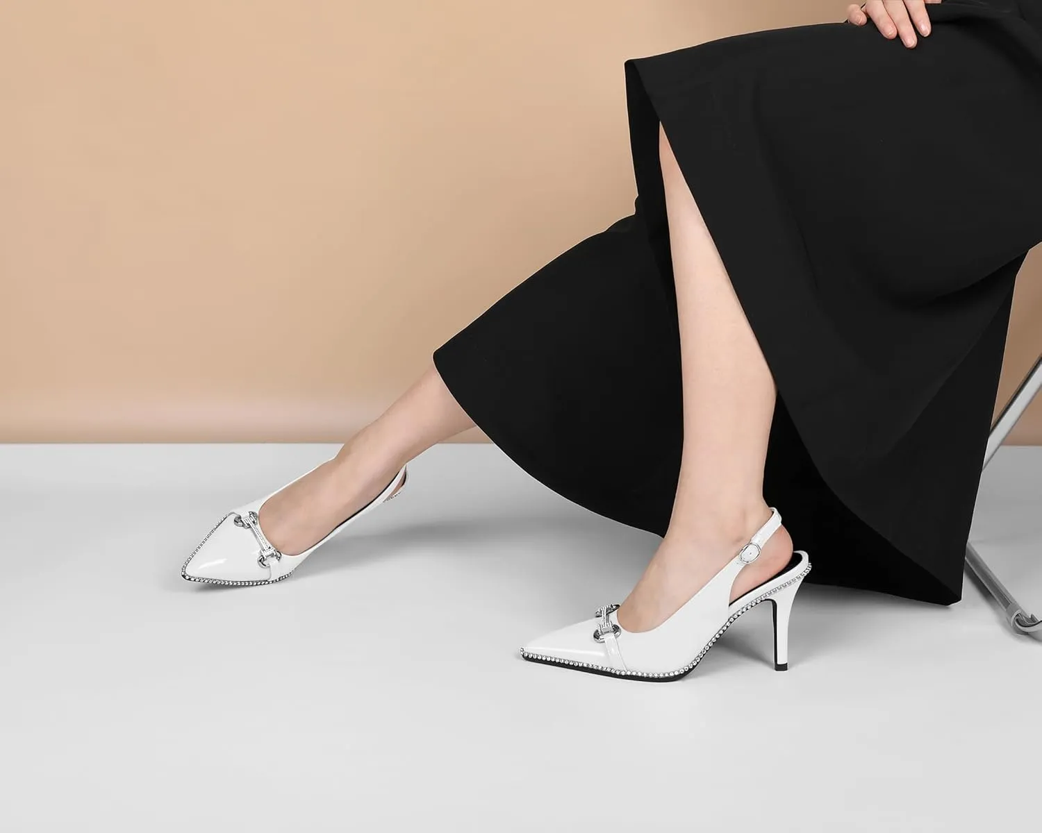 Slingback Heels for Women Stilettos High Heel Crystal-Encrusted Buckled Heels Pointd Toe Pumps 3.5 Inch Comfortable Event Party Dress Shoes