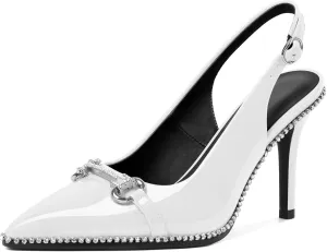 Slingback Heels for Women Stilettos High Heel Crystal-Encrusted Buckled Heels Pointd Toe Pumps 3.5 Inch Comfortable Event Party Dress Shoes