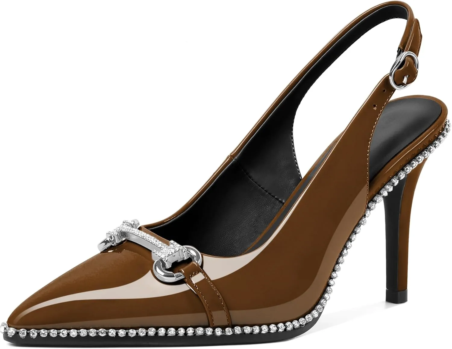 Slingback Heels for Women Stilettos High Heel Crystal-Encrusted Buckled Heels Pointd Toe Pumps 3.5 Inch Comfortable Event Party Dress Shoes