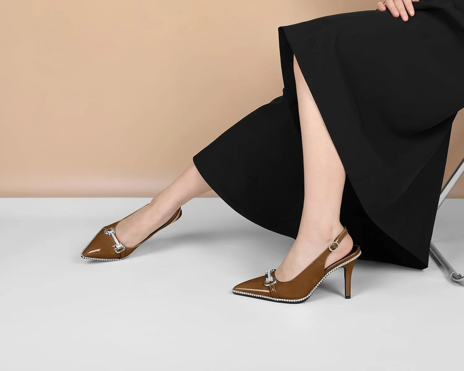 Slingback Heels for Women Stilettos High Heel Crystal-Encrusted Buckled Heels Pointd Toe Pumps 3.5 Inch Comfortable Event Party Dress Shoes