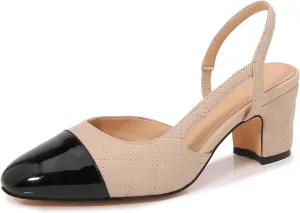 Slingback Pumps Women Chunky Heels Round Toe Two Tone Retro Splicing Office Shoes for Dress Party Wedding