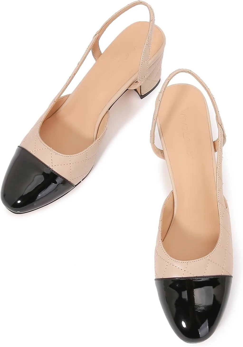 Slingback Pumps Women Chunky Heels Round Toe Two Tone Retro Splicing Office Shoes for Dress Party Wedding