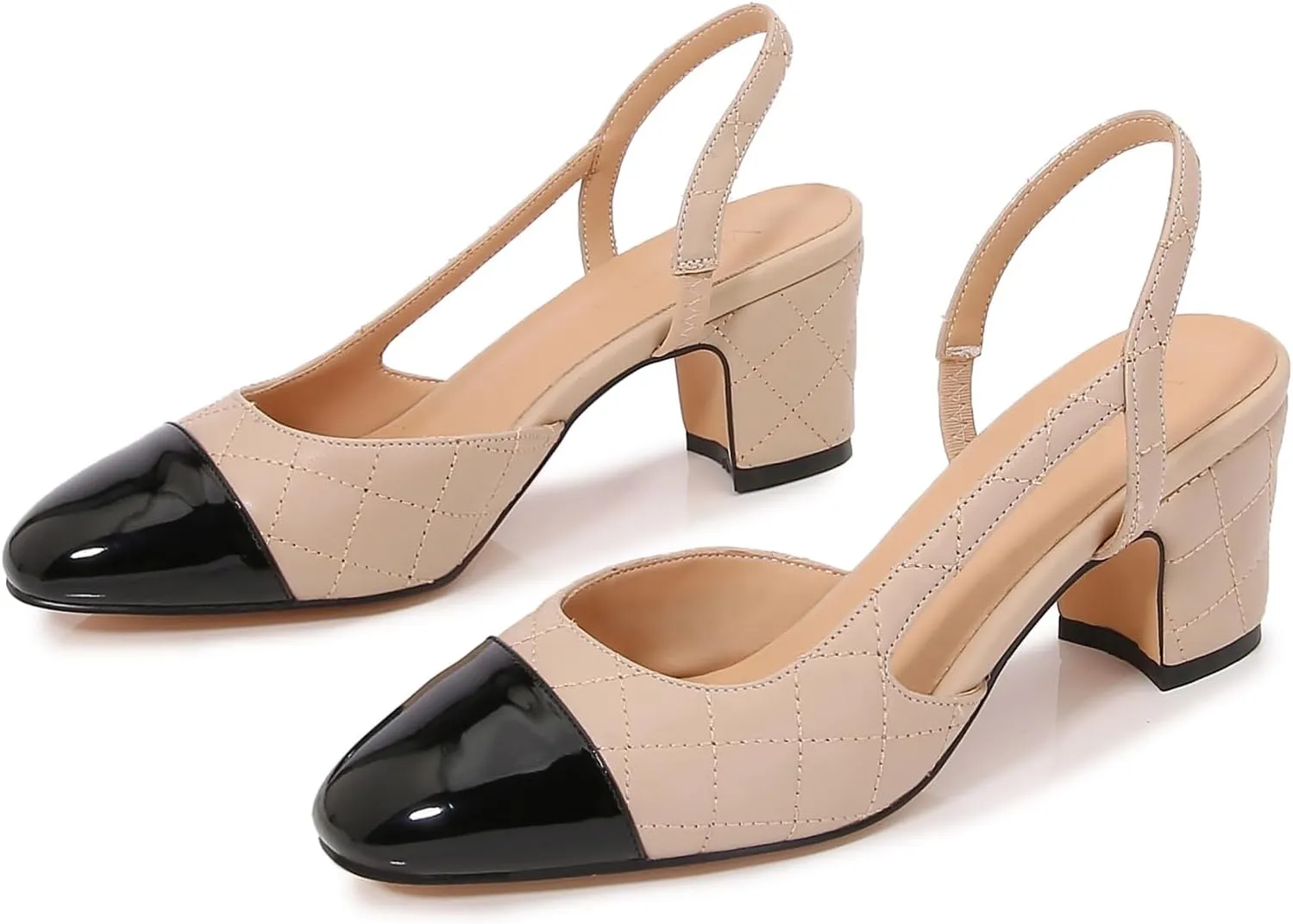 Slingback Pumps Women Chunky Heels Round Toe Two Tone Retro Splicing Office Shoes for Dress Party Wedding
