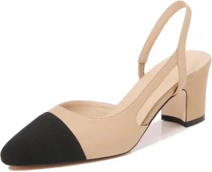 Slingback Pumps Women Chunky Heels Round Toe Two Tone Retro Splicing Office Shoes for Dress Party Wedding