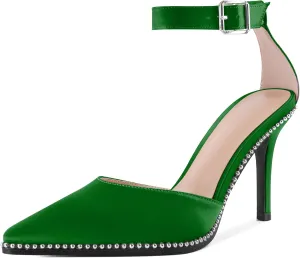 Soireelady Womens High Heels Beaded Pumps Stiletto Ankle Strap Heels Pointed Toe D'Orsay Heel Dress Shoes Satin 3.5 Inch