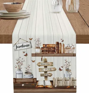 Table Runners-72 Inch Long,Farmhouse Book Flower Butterfly Vase Fence Linen Dresser Scarves Dining Table Runner Vintage Rustic Wood Tabletop Scarf for Home Kitchen Holiday Party Decor