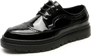 Thickened Lug Sole Oxfords for Men Lace Up Style Patent Brogue Wingtip Solid Color Block Heel Business Dress Formal Men