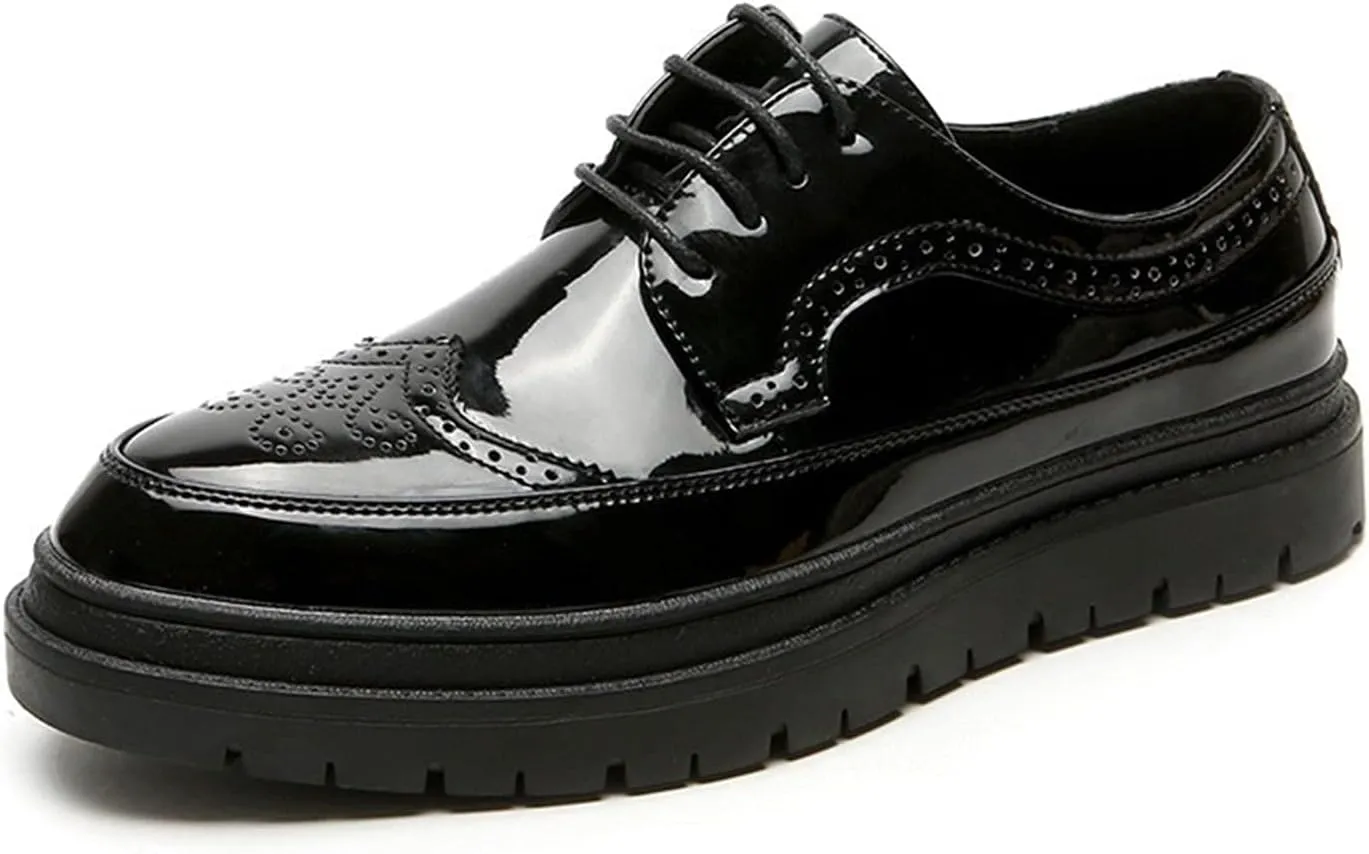 Thickened Lug Sole Oxfords for Men Lace Up Style Patent Brogue Wingtip Solid Color Block Heel Business Dress Formal Men