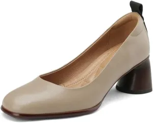TinaCus Round Toe Genuine Leather Handmade Chunky Heels Slip On Women's Retro Pumps Shoes