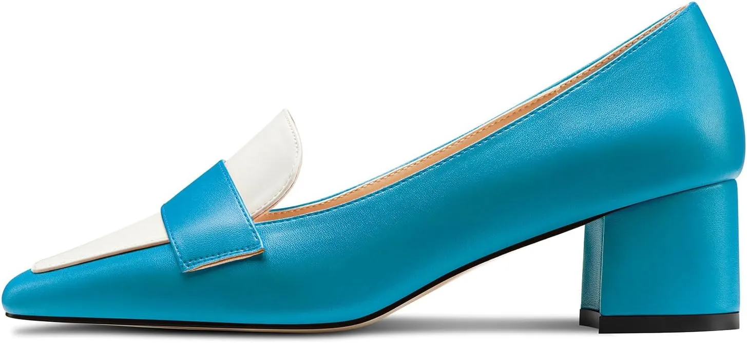 TNYNFBEB Womens Chunky Block Mid Heel Close Square Toe Pumps Slip-on Patchwork Prom Basic Classic 2.0 Inches Heels