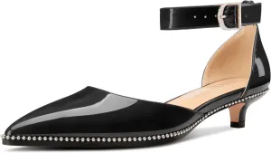 TNYNFBEB Womens Low Kitten Heel Pointed Toe Pumps Ankle Strap Two-Piece Buckle Silver Beaded Prom Dress Patent Leather 1.2 Inches Heels