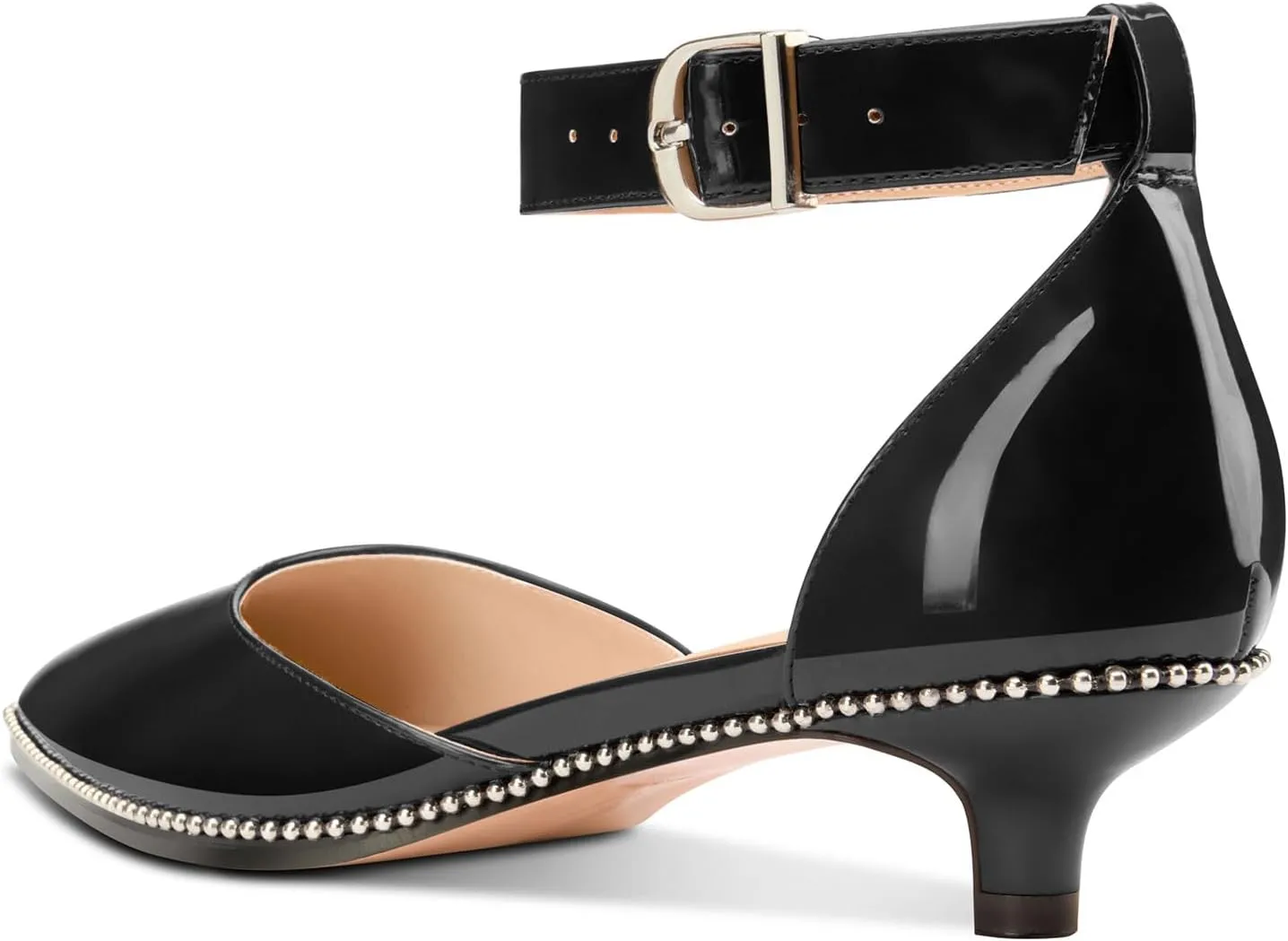 TNYNFBEB Womens Low Kitten Heel Pointed Toe Pumps Ankle Strap Two-Piece Buckle Silver Beaded Prom Dress Patent Leather 1.2 Inches Heels