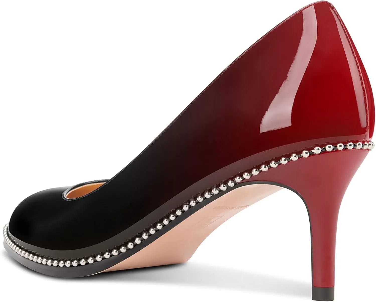 TNYNFBEB Womens Mid Heel Round Toe Pumps Slip-on Silver Beaded Prom Dress Basic Classic Patent Leather 2.4 Inches Heels