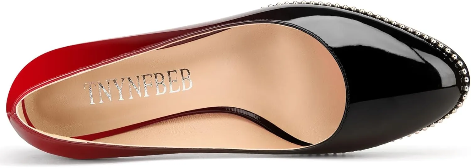 TNYNFBEB Womens Mid Heel Round Toe Pumps Slip-on Silver Beaded Prom Dress Basic Classic Patent Leather 2.4 Inches Heels