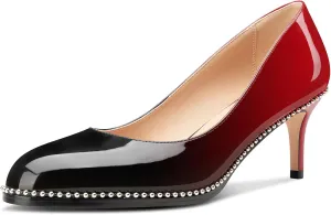 TNYNFBEB Womens Mid Heel Round Toe Pumps Slip-on Silver Beaded Prom Dress Basic Classic Patent Leather 2.4 Inches Heels