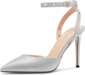 TNYNFBEB Womens Stiletto High Heel Pointed Toe Pumps Ankle Strap Slingback Buckle Studded Rivets Party Basic Classic Summer 3.9 Inches Heels