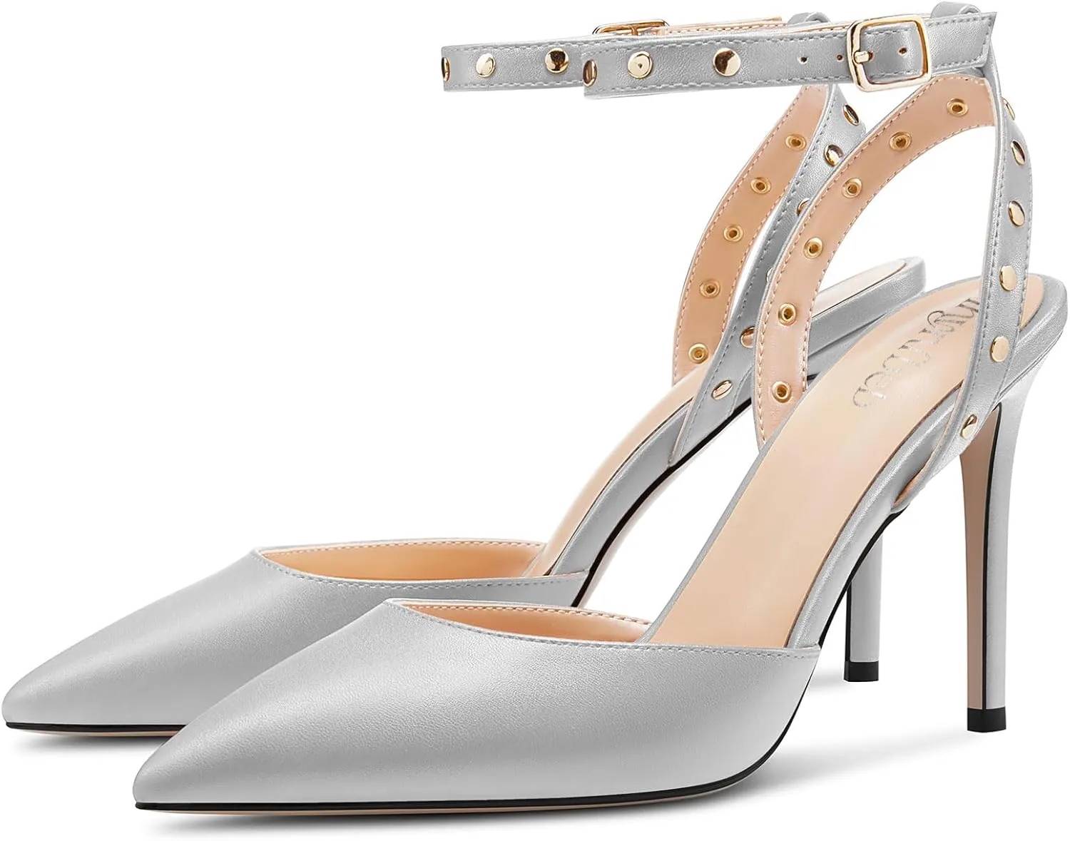 TNYNFBEB Womens Stiletto High Heel Pointed Toe Pumps Ankle Strap Slingback Buckle Studded Rivets Party Basic Classic Summer 3.9 Inches Heels