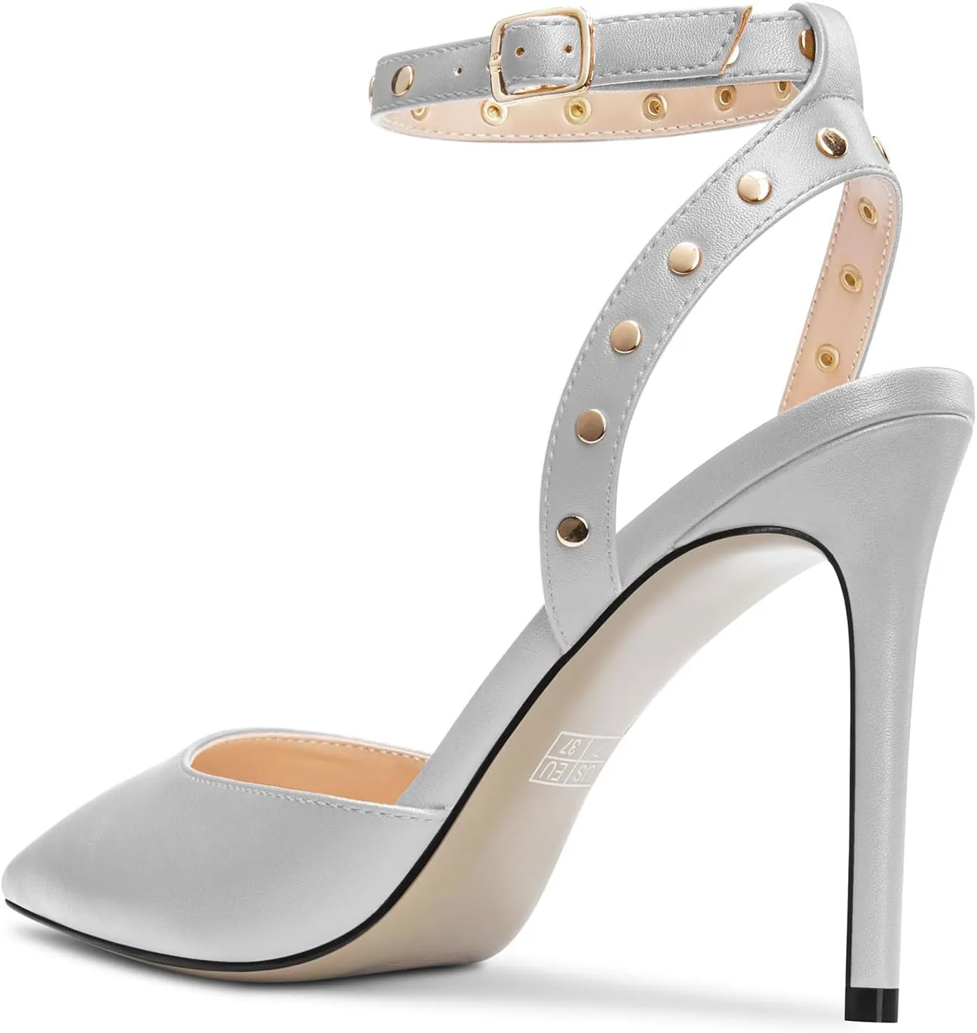 TNYNFBEB Womens Stiletto High Heel Pointed Toe Pumps Ankle Strap Slingback Buckle Studded Rivets Party Basic Classic Summer 3.9 Inches Heels