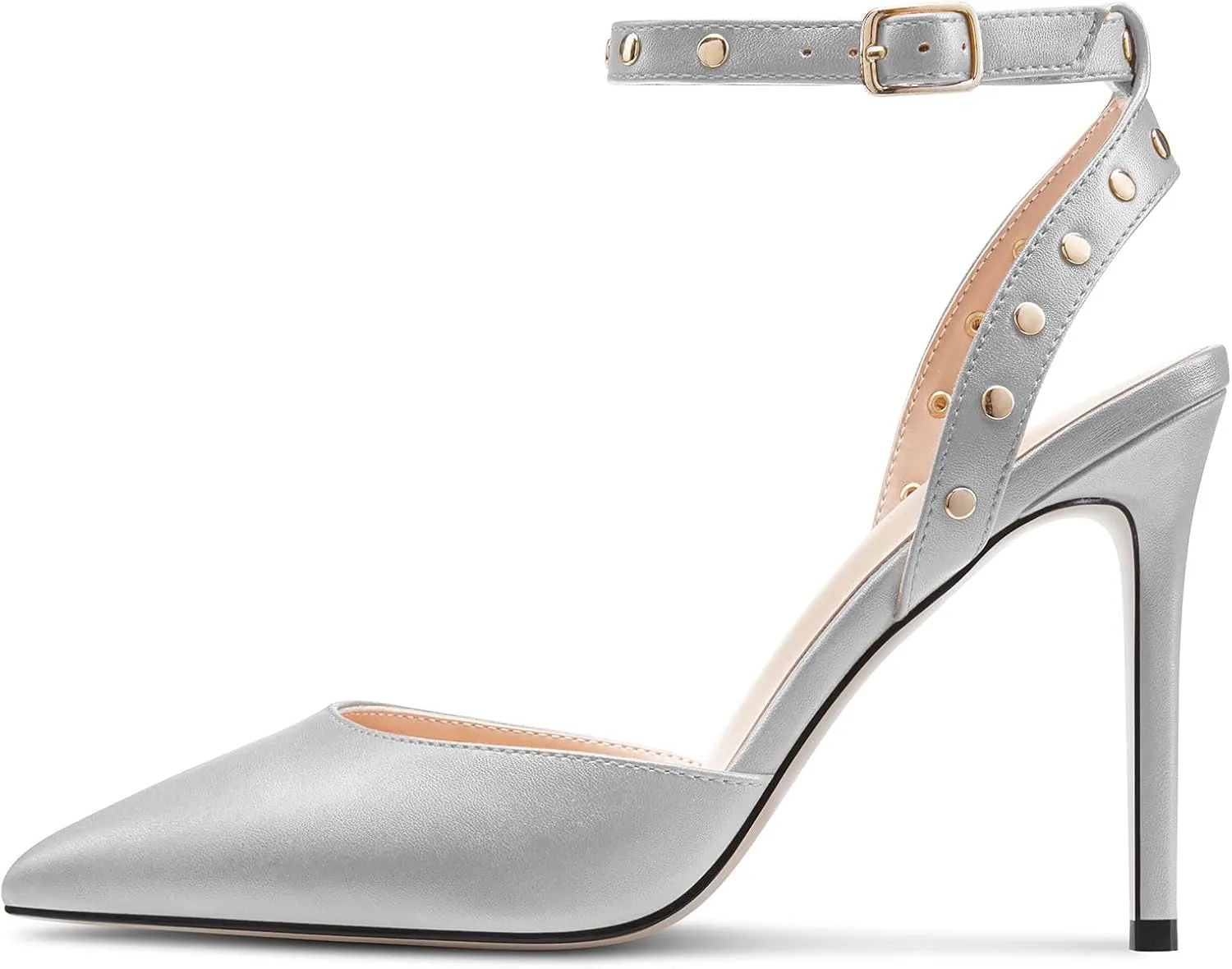TNYNFBEB Womens Stiletto High Heel Pointed Toe Pumps Ankle Strap Slingback Buckle Studded Rivets Party Basic Classic Summer 3.9 Inches Heels
