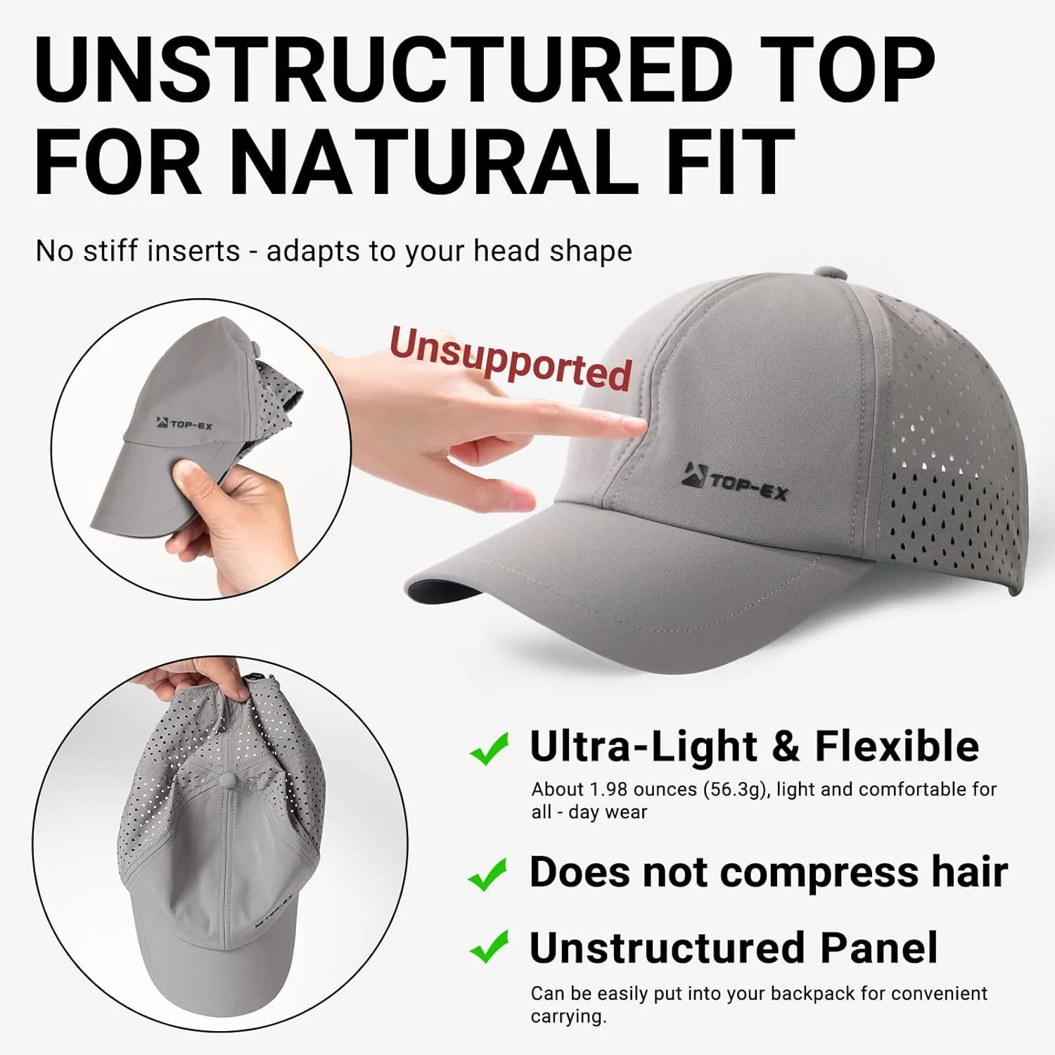 TOP-EX Oversized XL XXL Unstructured Running Breathable Mesh Quick Dry Waterproof Cooling Sweatband Baseball Caps Mens