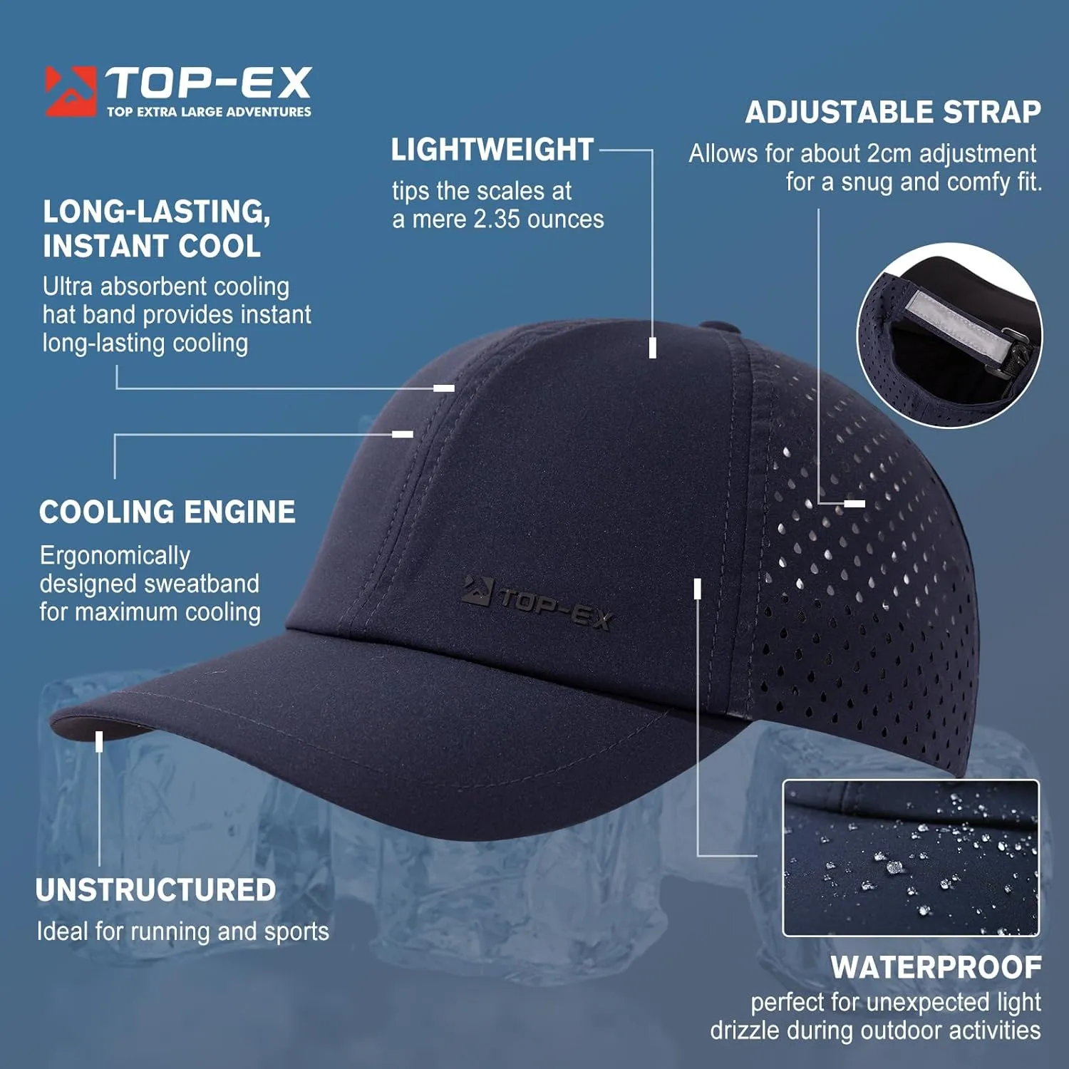 TOP-EX Oversized XL XXL Unstructured Running Breathable Mesh Quick Dry Waterproof Cooling Sweatband Baseball Caps Mens