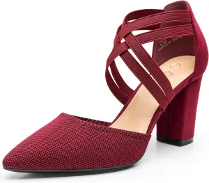 Trary Heels for Women, Chunky Heels for Women, Closed Pointed Toe Heels Comfortable Womens Pumps Elastic Double Crisscross Strap Low Heel Pumps for Women 3.5 Inch Heels Dress Shoes for Women