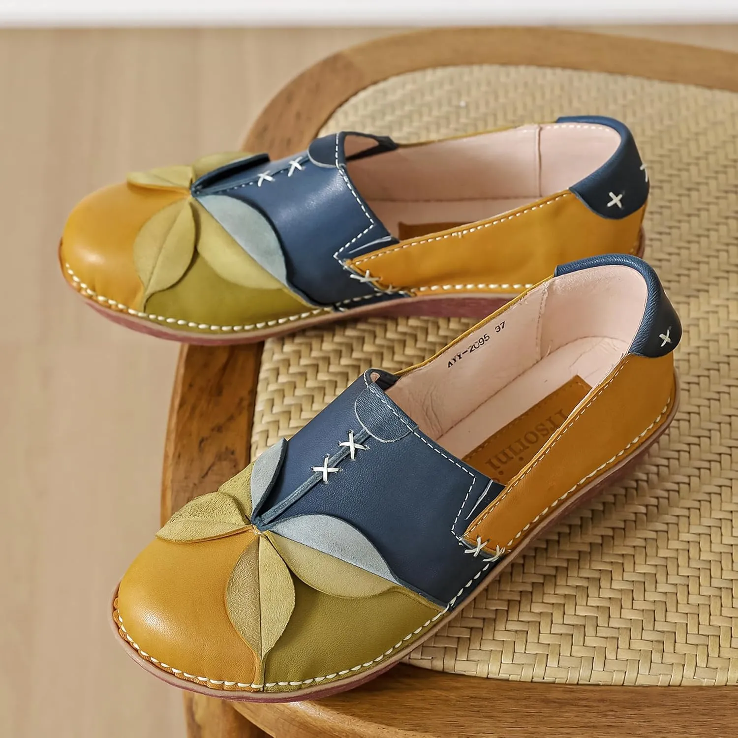 Trsorini Women's Casual Loafers Slip on Multi Color Stitching Leather Shoes Daily Walking