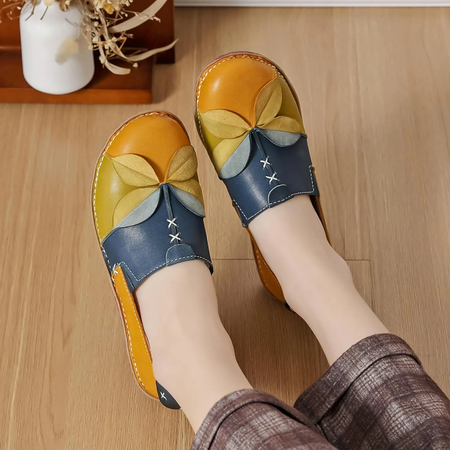 Trsorini Women's Casual Loafers Slip on Multi Color Stitching Leather Shoes Daily Walking