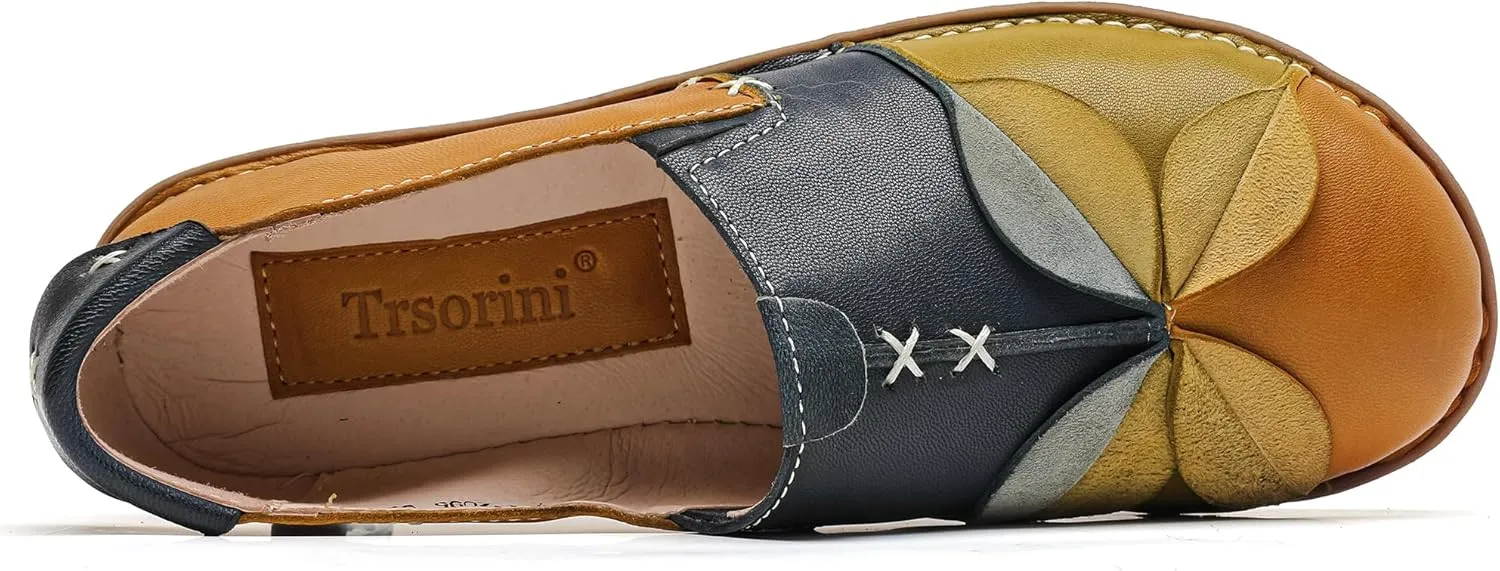 Trsorini Women's Casual Loafers Slip on Multi Color Stitching Leather Shoes Daily Walking