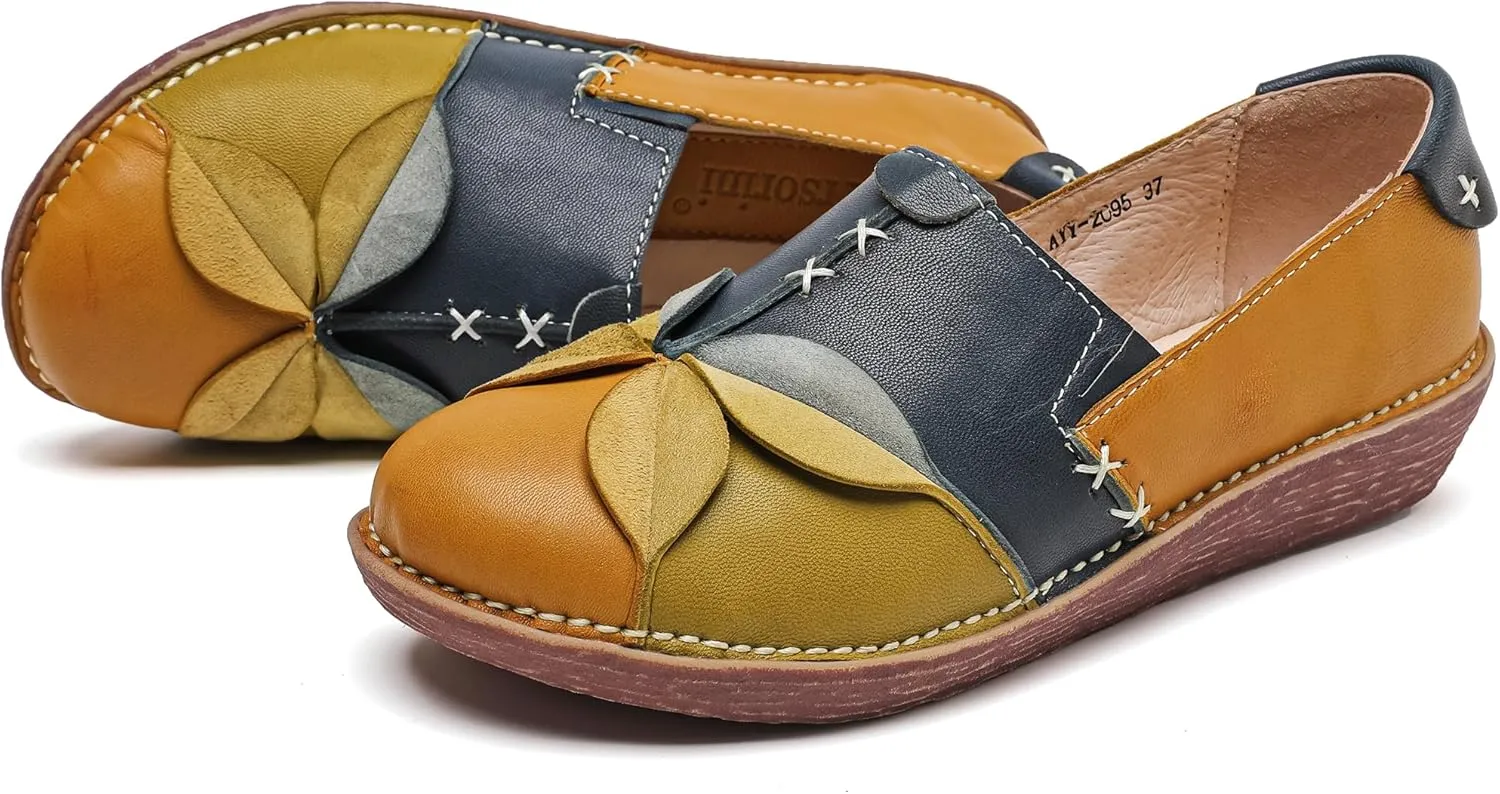 Trsorini Women's Casual Loafers Slip on Multi Color Stitching Leather Shoes Daily Walking