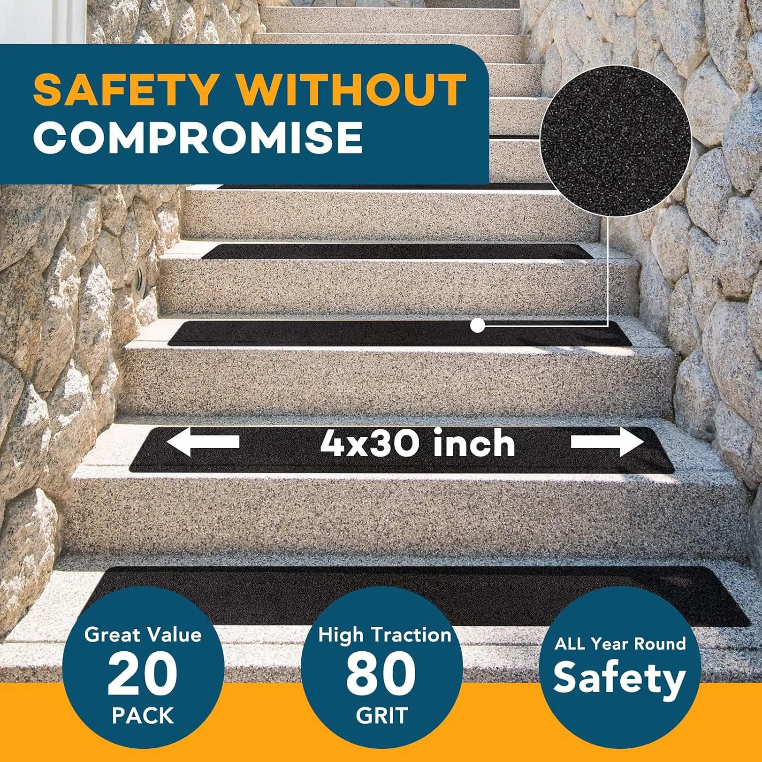 VOISEN Outdoor Stair Treads, 4" x 30" 20 Pack Pre-Cut Non Slip Strips, Grip Tape Adhesive, Waterproof 80 Grit Anti-Slip