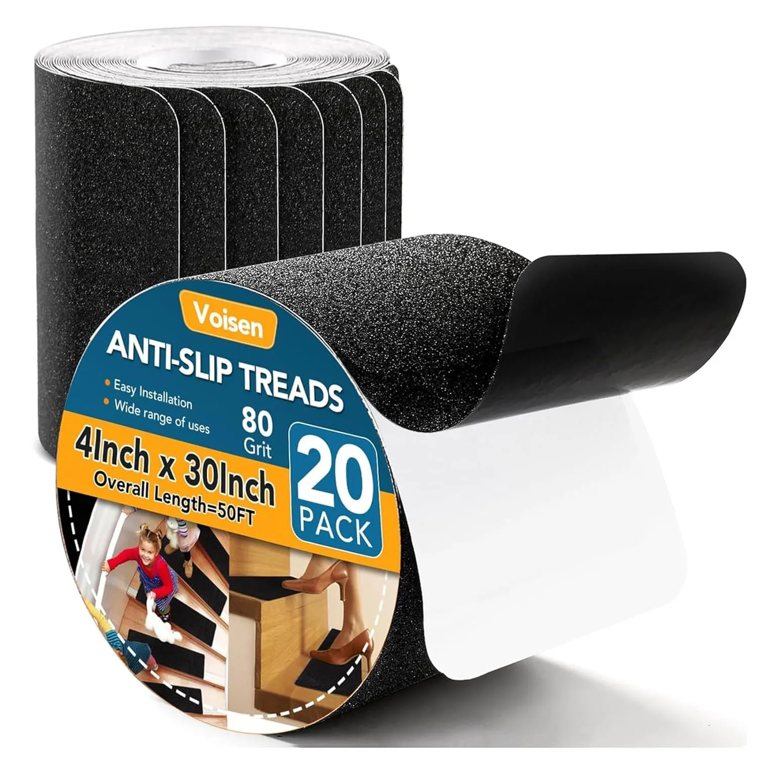 VOISEN Outdoor Stair Treads, 4" x 30" 20 Pack Pre-Cut Non Slip Strips, Grip Tape Adhesive, Waterproof 80 Grit Anti-Slip