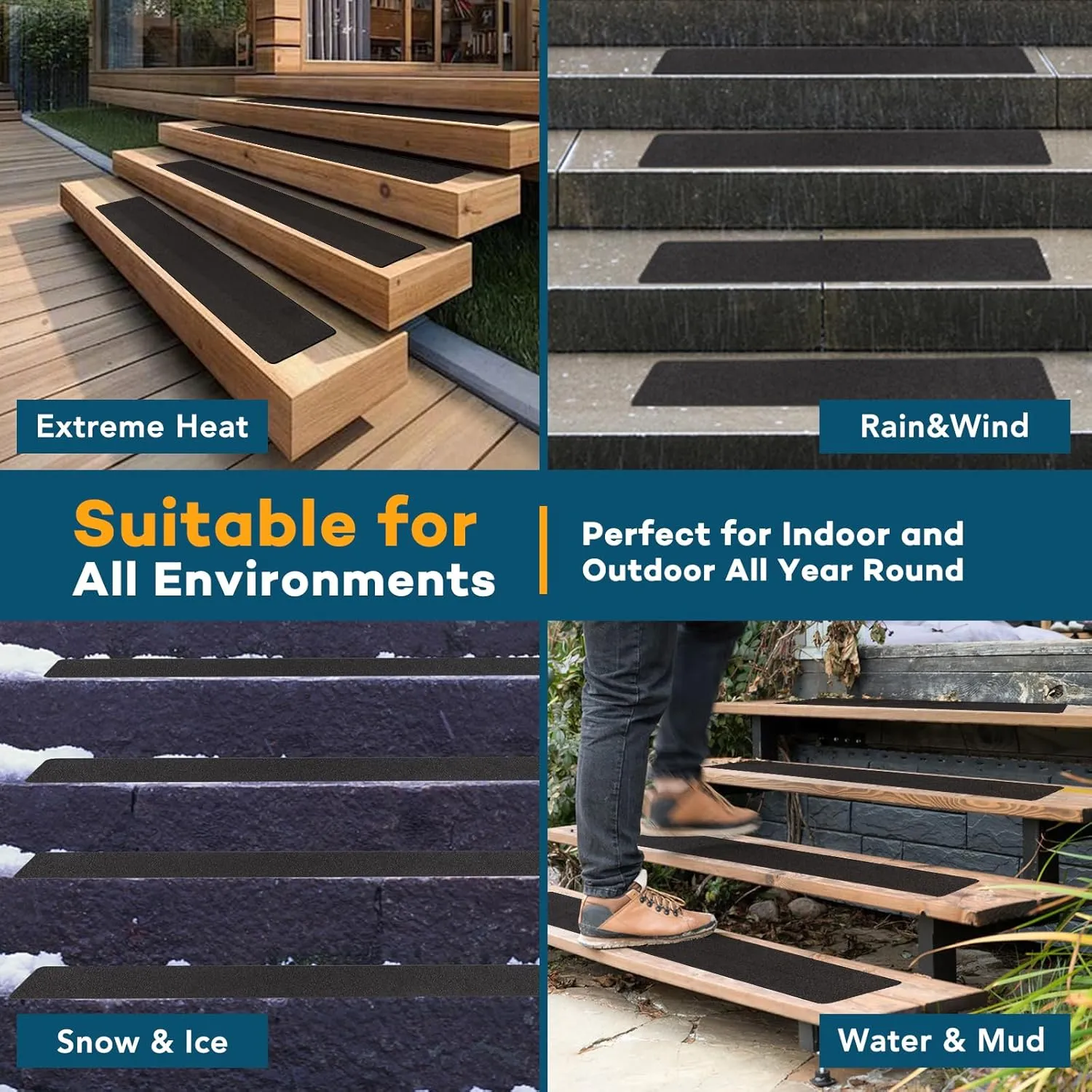 VOISEN Outdoor Stair Treads, 4" x 30" 20 Pack Pre-Cut Non Slip Strips, Grip Tape Adhesive, Waterproof 80 Grit Anti-Slip
