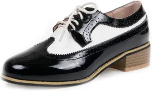 VOKLIN Women's Casual Flat Saddle Oxford Shoes Wingtip Lace Up Comfort Low Heel Vintage Oxfords Brogues Shoe