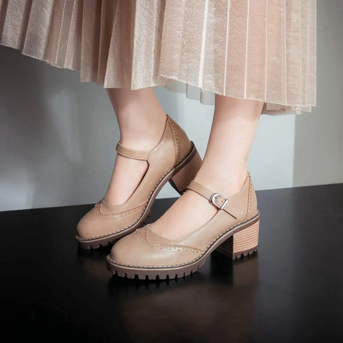 VOKLIN Women's Retro Mary Jane Pump Oxford Brogue Round Toe Platform Chunky Block Heel Vintage Dress Shoes