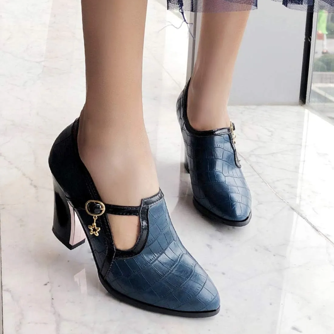 VOKLIN Women's Vintage Plaid Pump Oxfords Brogues Round Toe Wingtip Chunky Block High Heels Dress Shoes