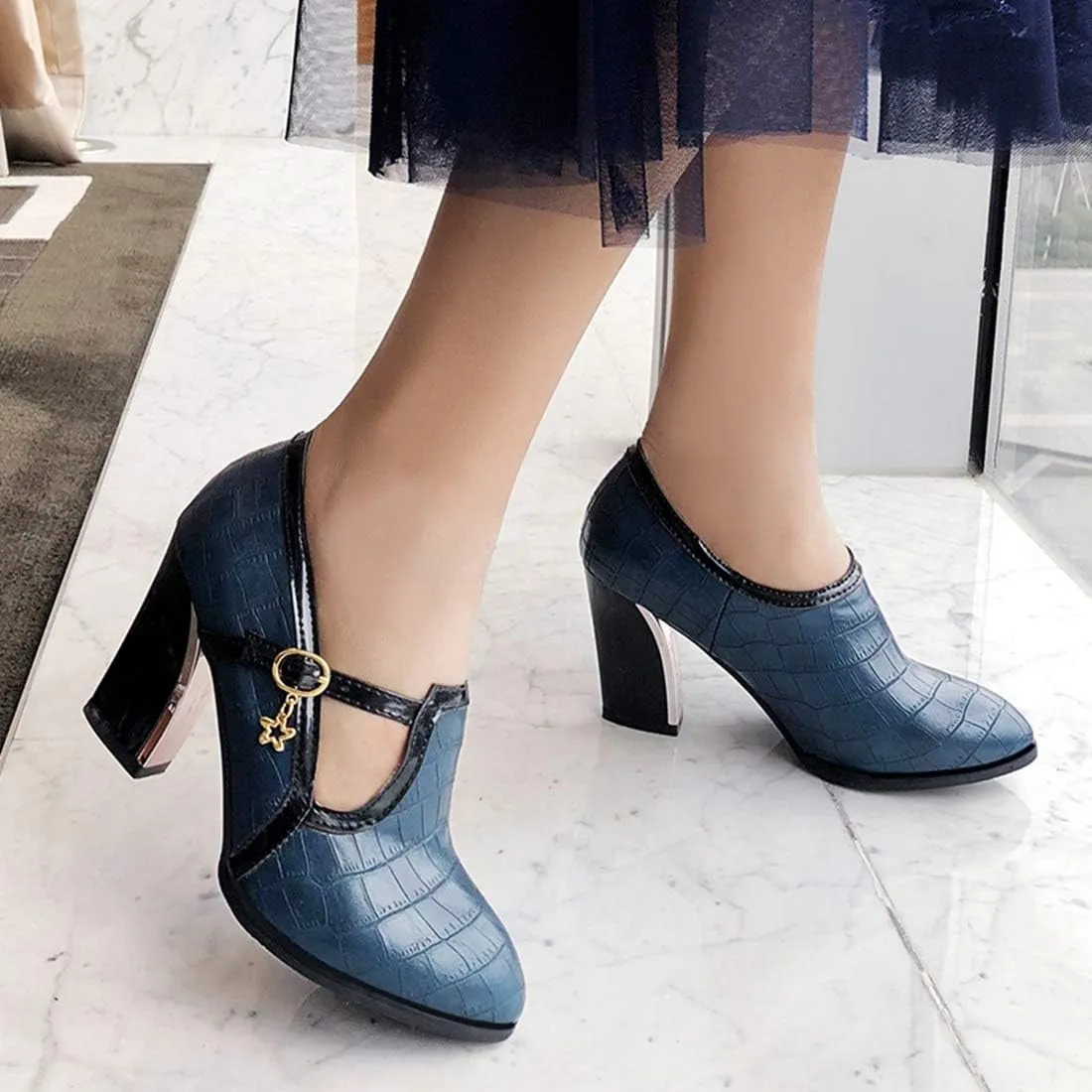 VOKLIN Women's Vintage Plaid Pump Oxfords Brogues Round Toe Wingtip Chunky Block High Heels Dress Shoes