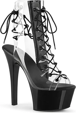 Vujkliy Ladies 5.9IN Transparent Sandals Stiletto Platform Lace Up High Heels Fashion Model Stage Catwalk Boots