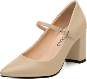 WAYDERNS Closed Pointed Toe Heels for Women Chunky Block High Heel Pumps Fashion Elegant Trendy Prom Party Wedding Dress Shoes with Strap 3 Inch