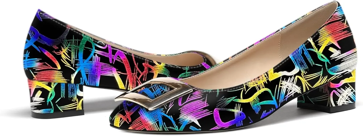 WAYDERNS Women's Slip On Square Toe Metal Buckle Patent Chunky Low Heel Pumps Shoes 1.5 Inch