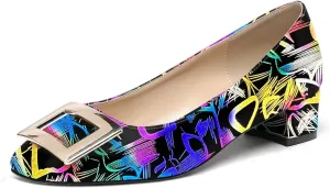 WAYDERNS Women's Slip On Square Toe Metal Buckle Patent Chunky Low Heel Pumps Shoes 1.5 Inch