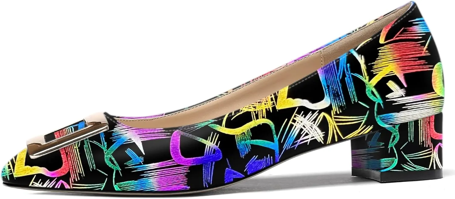 WAYDERNS Women's Slip On Square Toe Metal Buckle Patent Chunky Low Heel Pumps Shoes 1.5 Inch