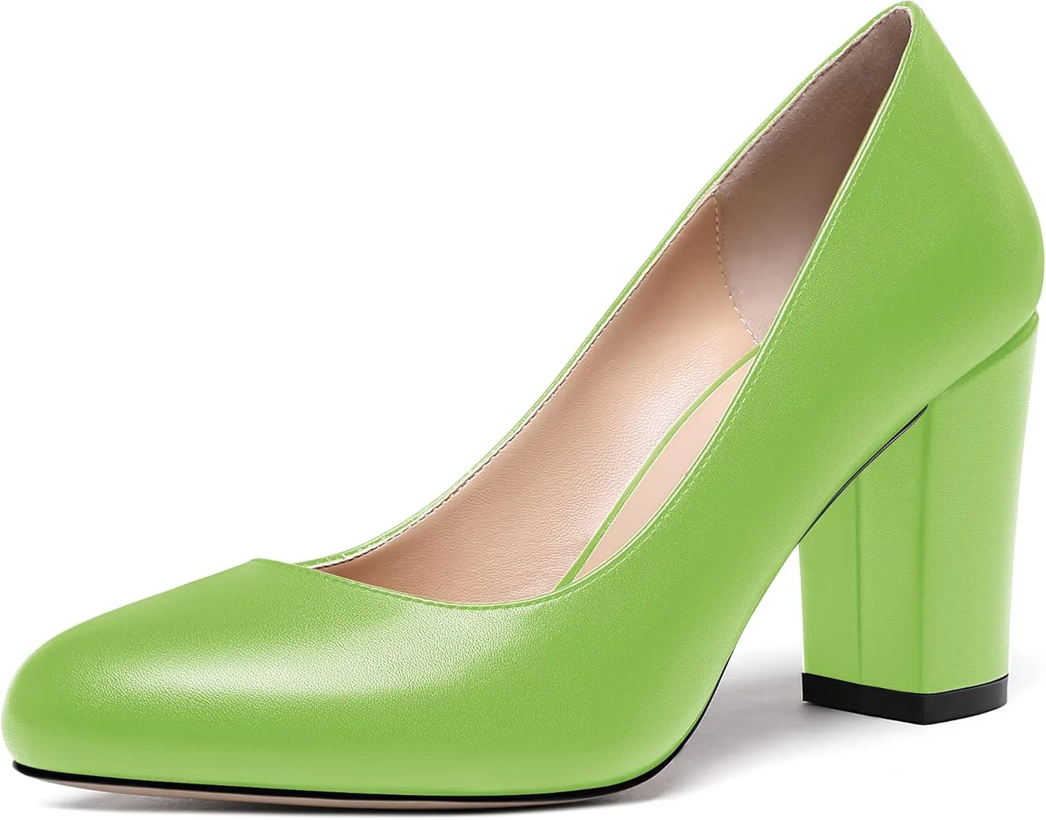WAYDERNS Women's Thick Matte Solid Round Toe Slip On Block High Heel Pumps Shoes 3.5 Inch