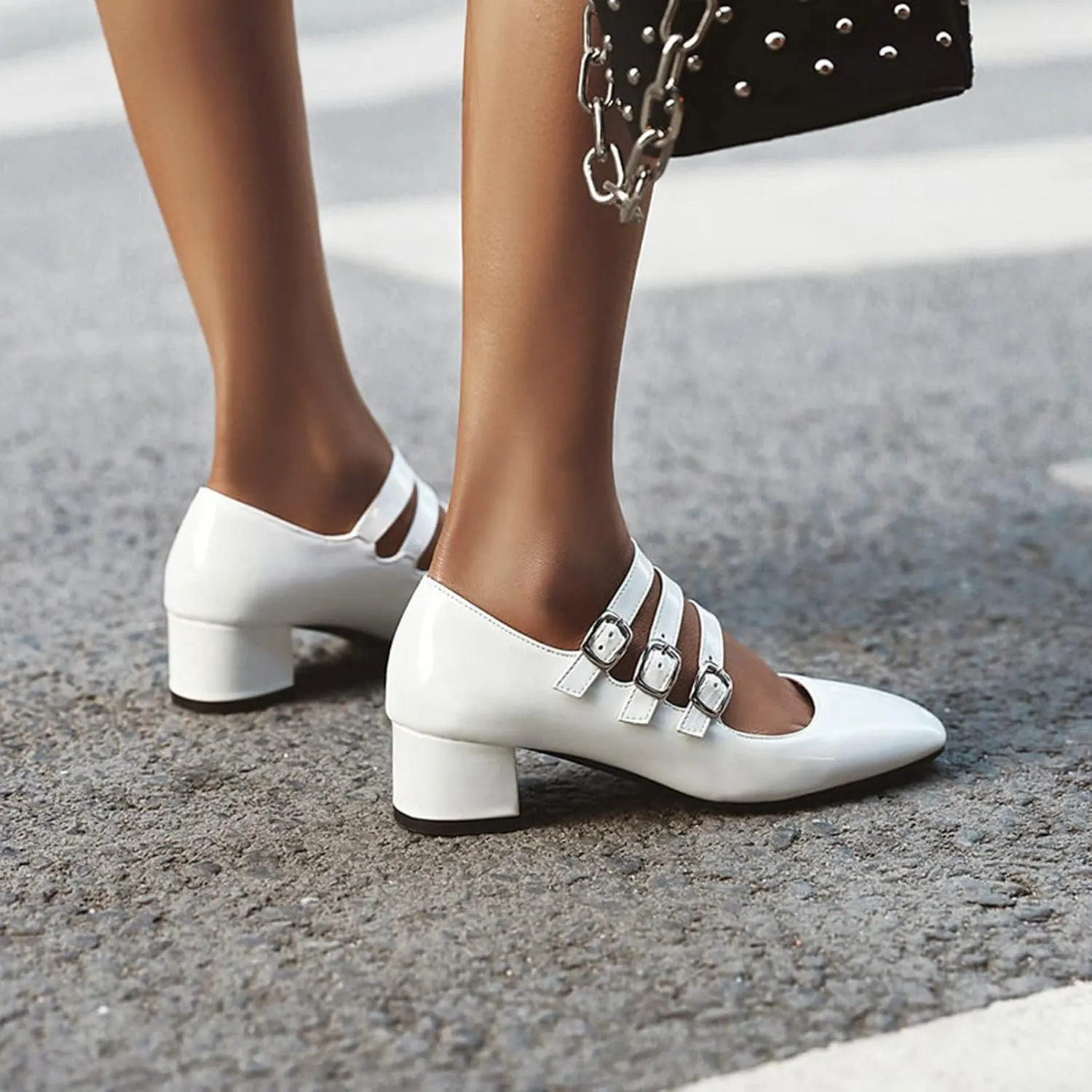Women Block Chunky Mid Heel Mary Jane Pumps Square Toe Patent Leather Buckle Comfy Retro Dress Shoes